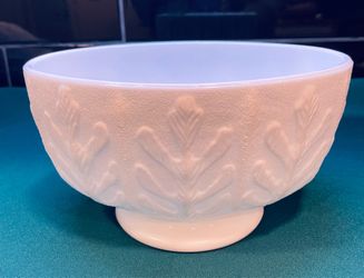 Vintage white milk glass oval embossed oak leaf design planter with pedestal