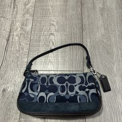 Coach Navy Blue Signature Logo Demi Hamptons Baguette Mini Bag Canvas Leather Y2K