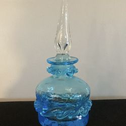 Aqua Blue Blown Glass Perfume Bottle And Stopper W/Applied Glass Ribbon