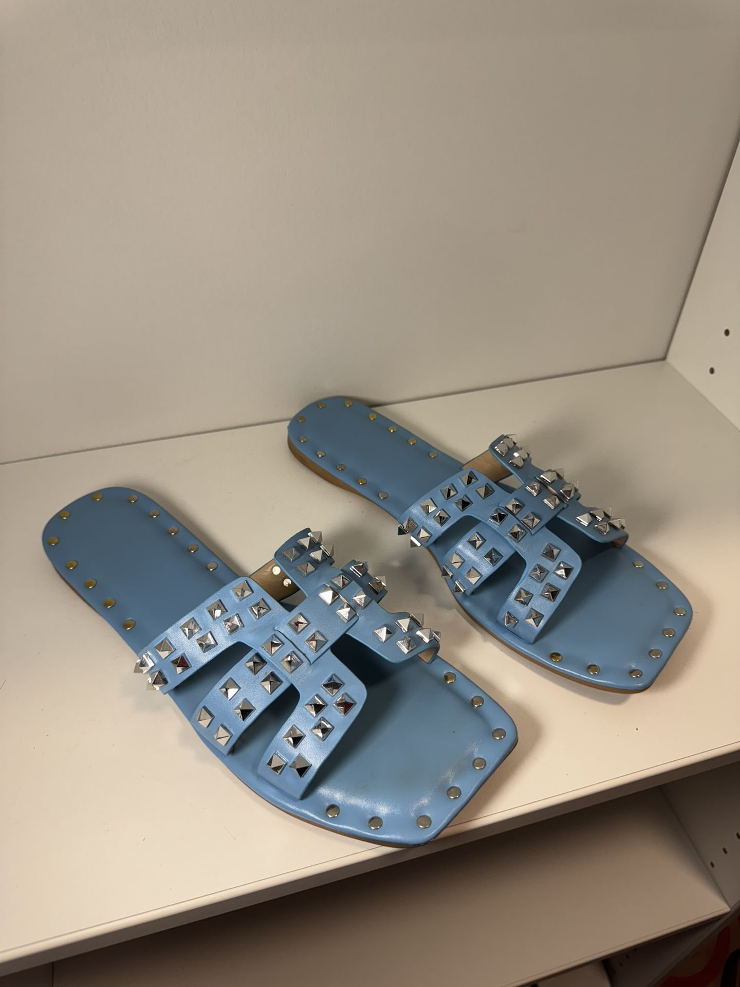 Baby Blue Geometric Studded Flat Sandals 