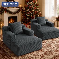 Set of 2 Oversized Floor Sofa Lounge Chairs | Grey Corduroy | No Assembly Required
