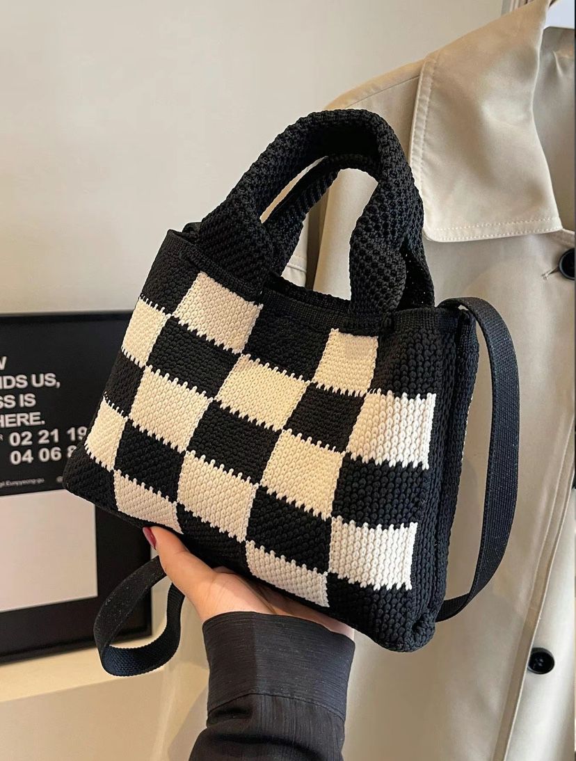 Checkerboard Knitted Tote Plaid Crochet Handbag Aesthetic Woven Shoulder Hobo