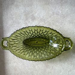 Vintage Retro Indiana Glass Avocado Green Serving Or Candy  Dish Honeycomb Pattern