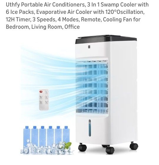 Uthfy Portable Air Conditioners, 3 In 1 Swamp Cooler with 6 Ice Packs, Evaporative Air Cooler with 120°Oscillation, 12H Timer, 3 Speeds, 4 Modes, Remo