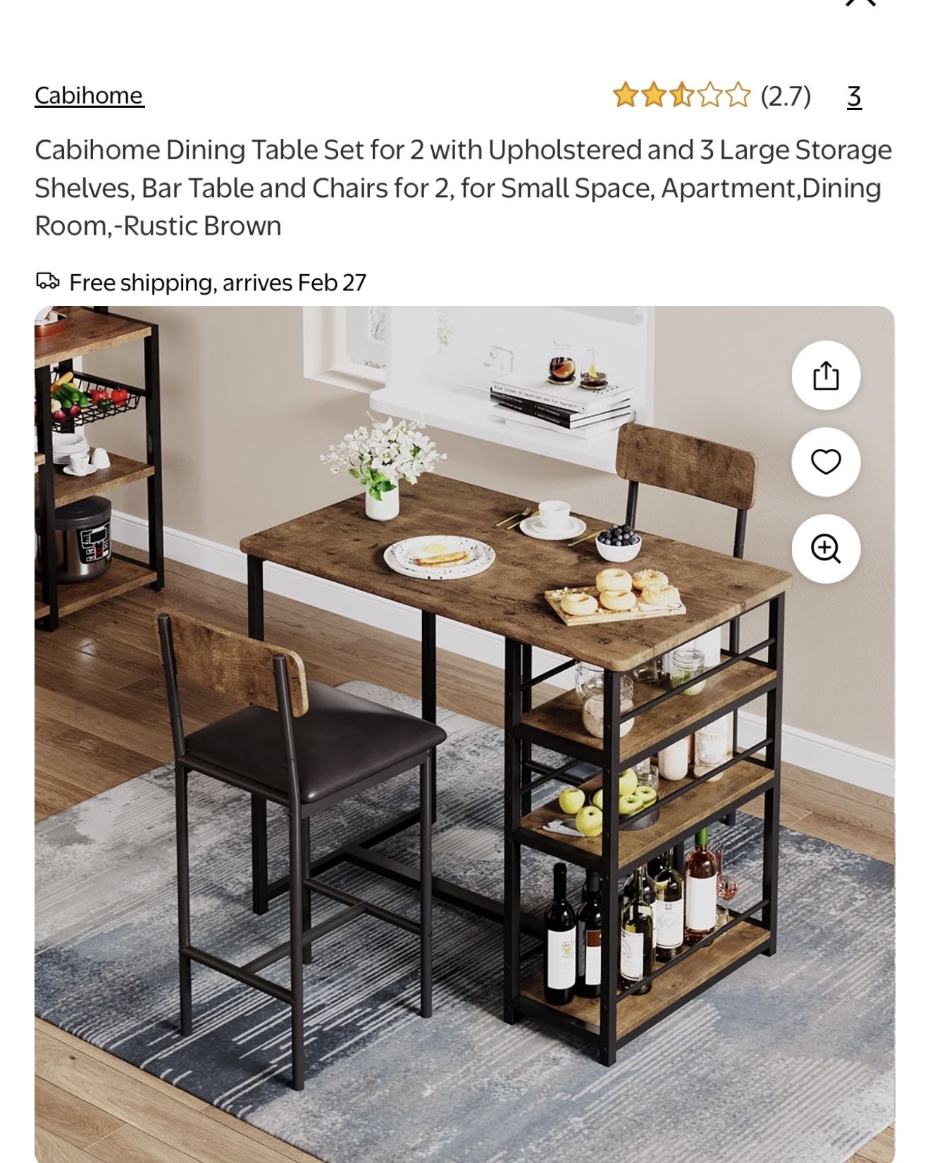 Cabihome Dining Table Set for 2 with Upholstered as nd 3 aLarge Storage Shelves, Bar Table and Chairs for 2, for Small Space, Apartment,Dining Room,-R