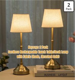 Keysays 2 Pk Cordless Rechargeable Touch Table/Desk Lamp w/ Fabric Shade (Brushed Gold)