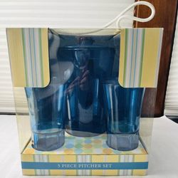 Patio Party 5 Piece Plastic Pitcher Set Pitcher 4 Highball Glasses Blue