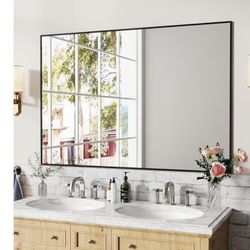 Matte Black Metal Framed Bathroom Mirror, 55x36 Inch Rectangular Vanity Mirror, Large Rectangle Wall Mirror, Anti-Rust, Tempered Glass, Shatter-Proof,