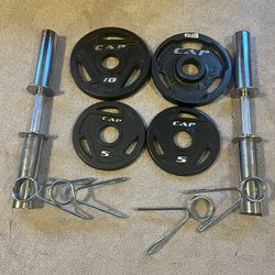 2” Golds, Gym, Olympic Bar Bells 20”. Includes 2 Sets, Barbell Clamps And 30 Lbs  Weights.