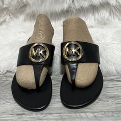 Michael Kors Raquel Women’s Black Leather Logo Flip Flop Thong 6 M