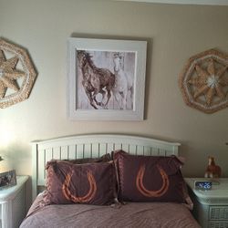 Horse Picture,  Round Ratton Decorations, Horse Shoe Bedspread and Shams