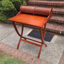 Vintage Roll Top Desk Solid Wood with Pigeon Holes Storage Folding Collapsible Side Table Wooden Secretary Mid-Century Modern MCM Retro