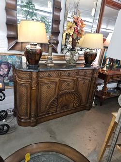 Ornate Wicker and Wood Sideboard We are located at 2811 East Bell road. Another Time Around Furniture.