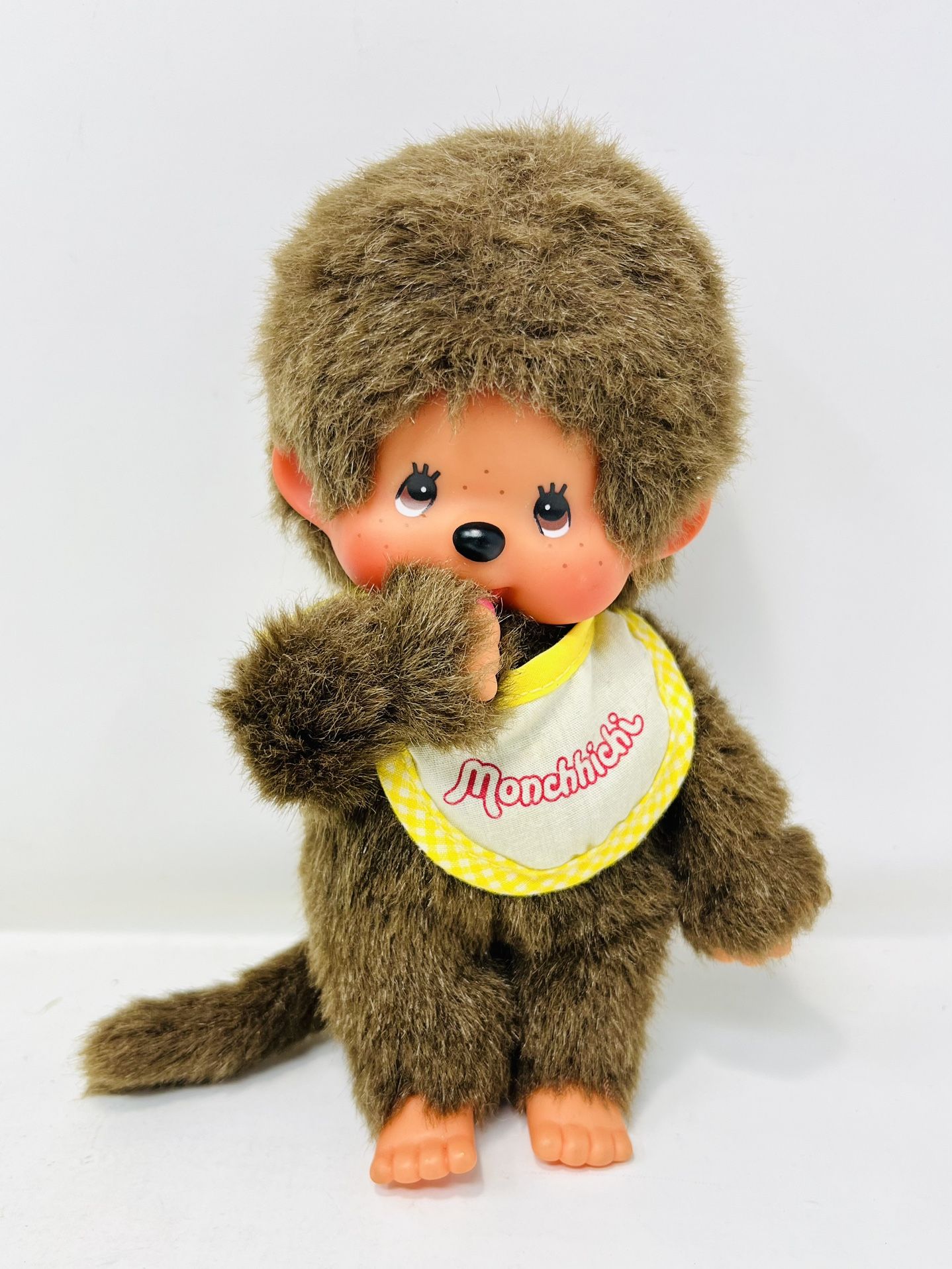 VINTAGE 1970's THUMB STUCKING MONCHHICHI W/ YELLOW BIB STUFFED ANIMAL PLUSH TOY