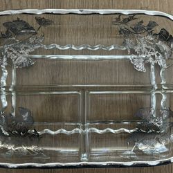 Vintage 1940s New Martinsville Rectangle Divided Glass Tray With Silver Trim
