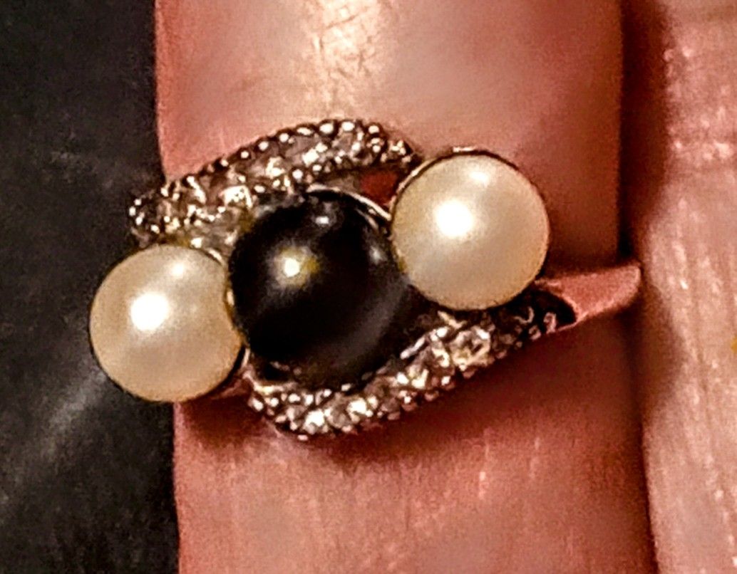 Three Pearls and Diamond Ring