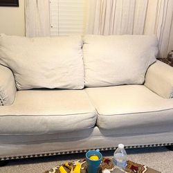 Beige sectional sofa + loveseat for sale.   Good condition, clean, and very comfortable.    Selling because we are moving.