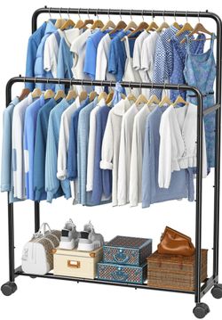 (2723)Clothing Clothes Rack, Double Rod Garment Rack, Black
Portable Closet with Bottom Shelf, Anti-Slip Stoppers, 360° Lockable Wheels, Multiple Uses