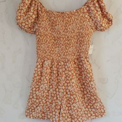 Classic vintage romper 80's style, Floral, shirred bust, smocked top, L