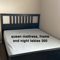 Queen mattress, frame, and night table