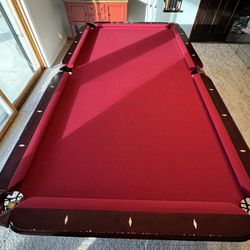 Pool Table With Balls, Pool Sticks, And Ancillary Items
