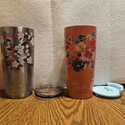 THE PIONEER  WOMAN SET OF 2 STAINLESS STEEL TUMBLERS  1.)NEW & 1.) PRE-OWNED WITH LIDS 