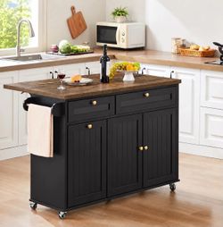60" Black Rolling Kitchen Island with Drop Leaf & Trash Can Storage with Power Outlet.