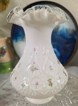 Vintage Fenton Milk Glass White Silver Crest Ruffled Vase Hand Painted Flowers