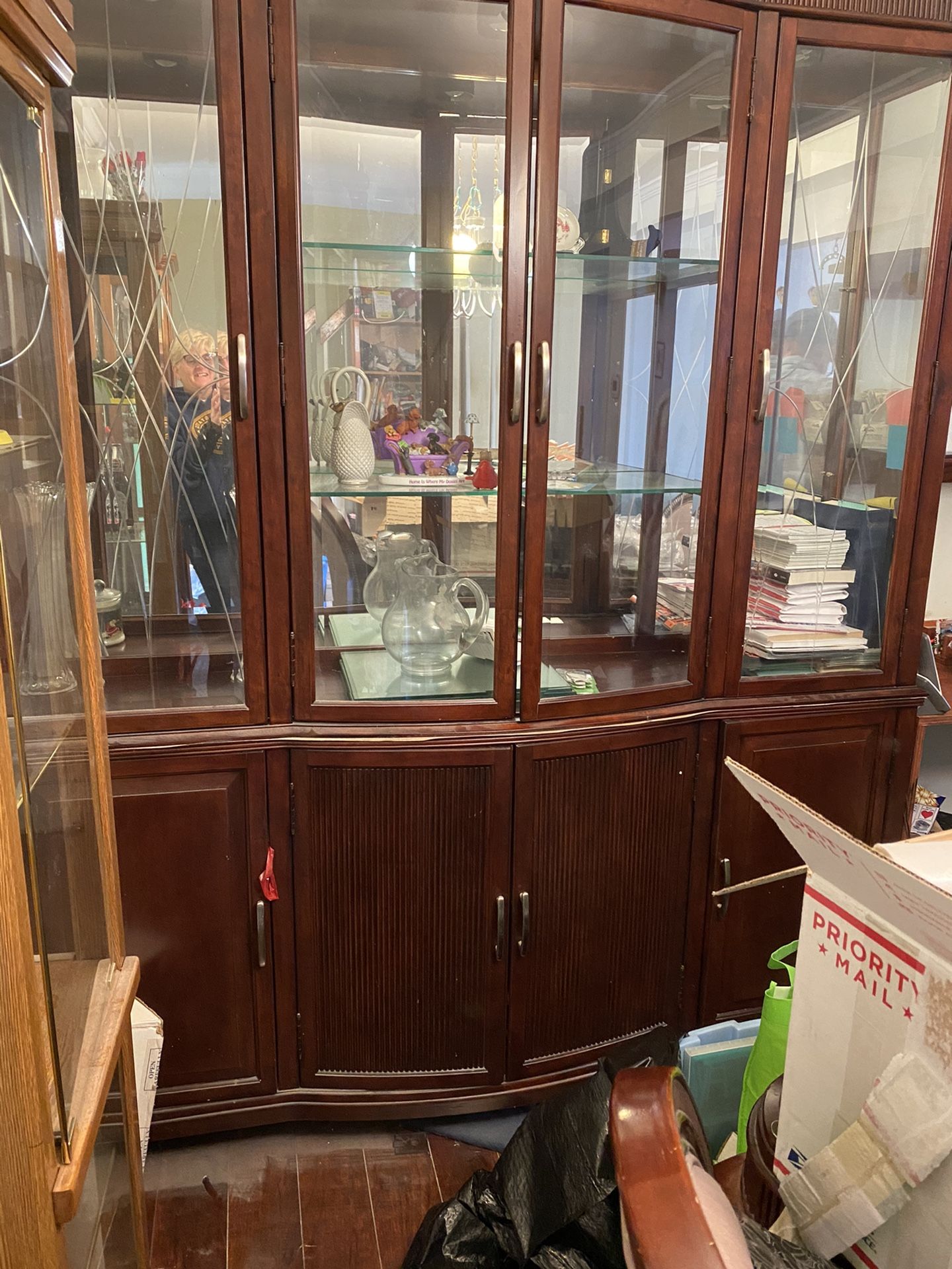 Cherry Wood Dining Table, Hutch, And 6 Chairs
