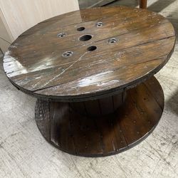 HUGE LARGE WHITE SPOOL COFFEE TABLE SHELLAC COATED CLEAR LACQUER 