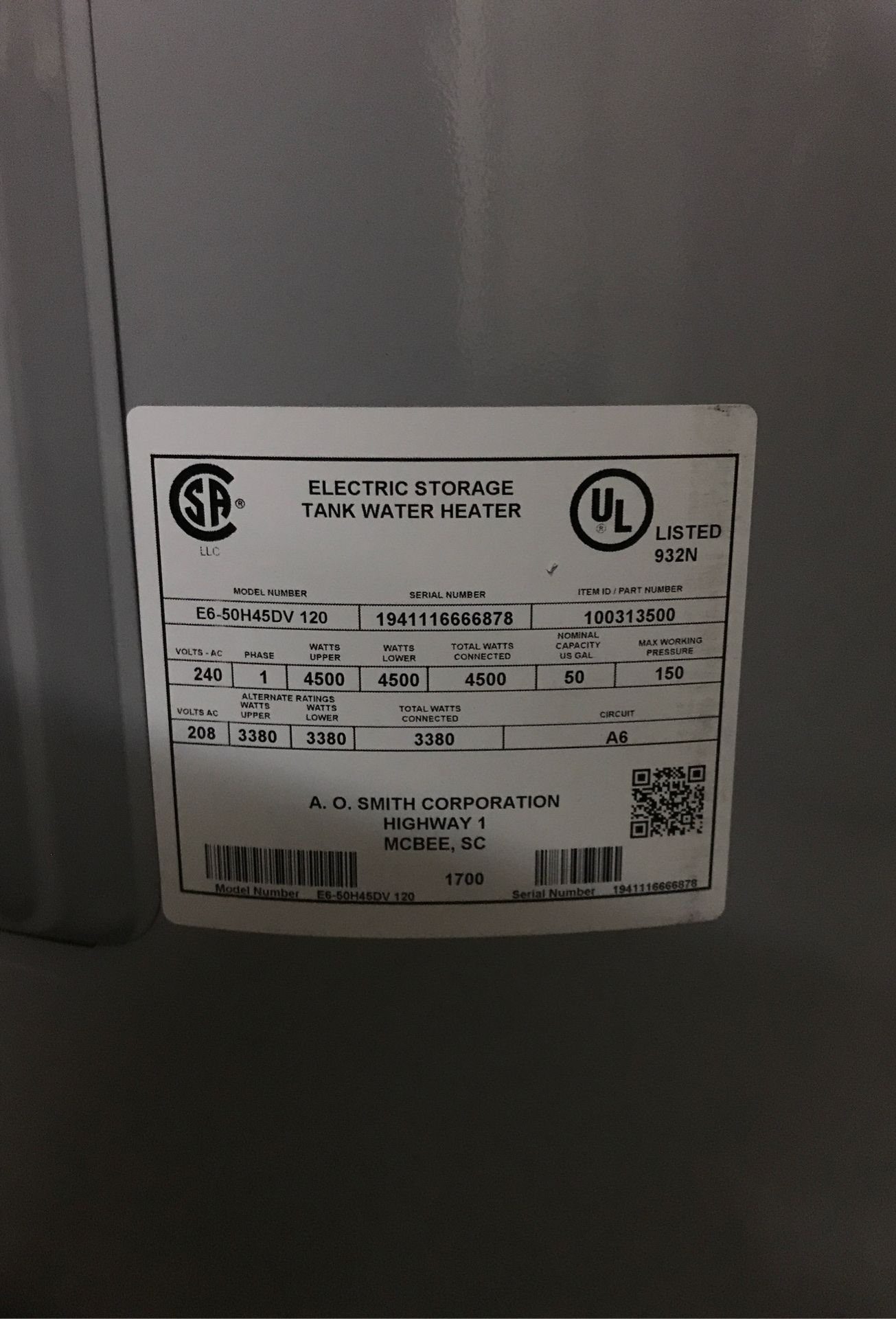 A.O. Smith Signature 50Gallon Tall 6year Limited 4500Watt Double