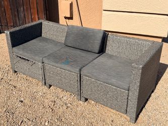 Three Piece Patio Grey Faux Wicker Couch / Outdoor Loveseat (LxWxH: 28” x 76” x 27”)