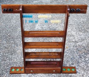 1970s Wood Wall-Mounted Pool Cue & Ball Rack w/ Abacus Scoring Counter