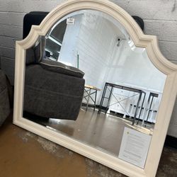 Benjara White Maia 43 x 46 Dresser Mirror with Curved Top, Poplar and Oak, Antique