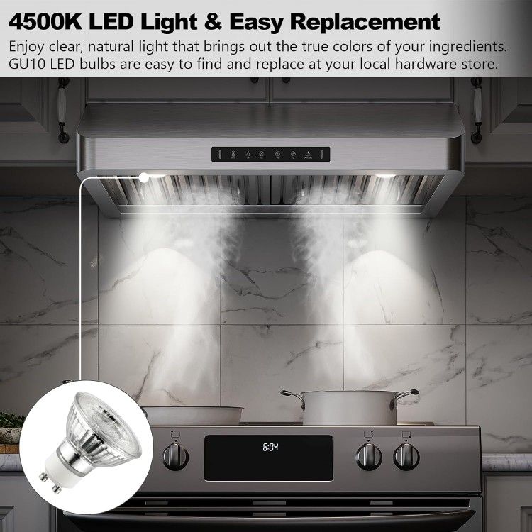 Range Hood 30 Inch Under Cabinet Kitchen Hood with 980 CFM 3 Speed Gesture Sensing & Touch Control Panel Stainless Steel Vent 2 Pcs Baffle Filters