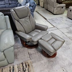Gray Leather Chair With Storage Ottoman 