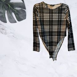 Shein Plaid Black and White High Waisted Long Sleeve Bodysuit Size Large