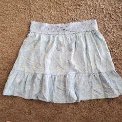 Planet Gold Light Blue Mini Skirt With Floral Print + Crochet-Waist (Size XL)