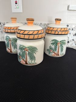 Beautiful Lot Of 3 Ceramic Palm Tree Lidded Jars