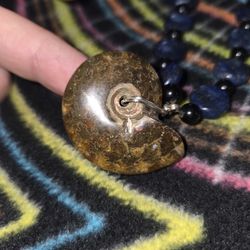 Lapis & Black Rainbow Obsidian w/Ammonite Fossil Pendant