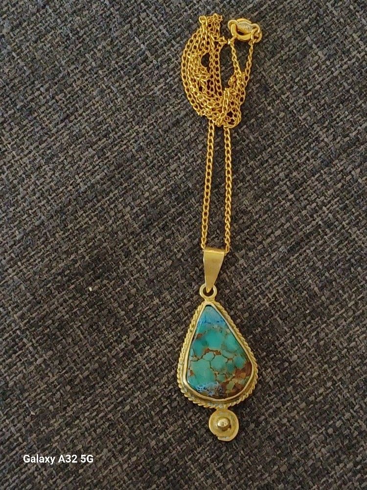 Vtg.Designer CaCo 12kt. Gf Over Sterling Silver " TURQUOISE " PENDANT NECKLACE- 16 IN.