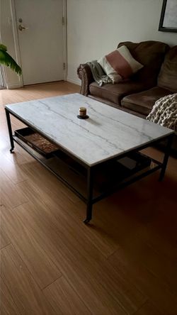 Linden Rectangular Marble Top Cocktail Table, Ivory/Bronze