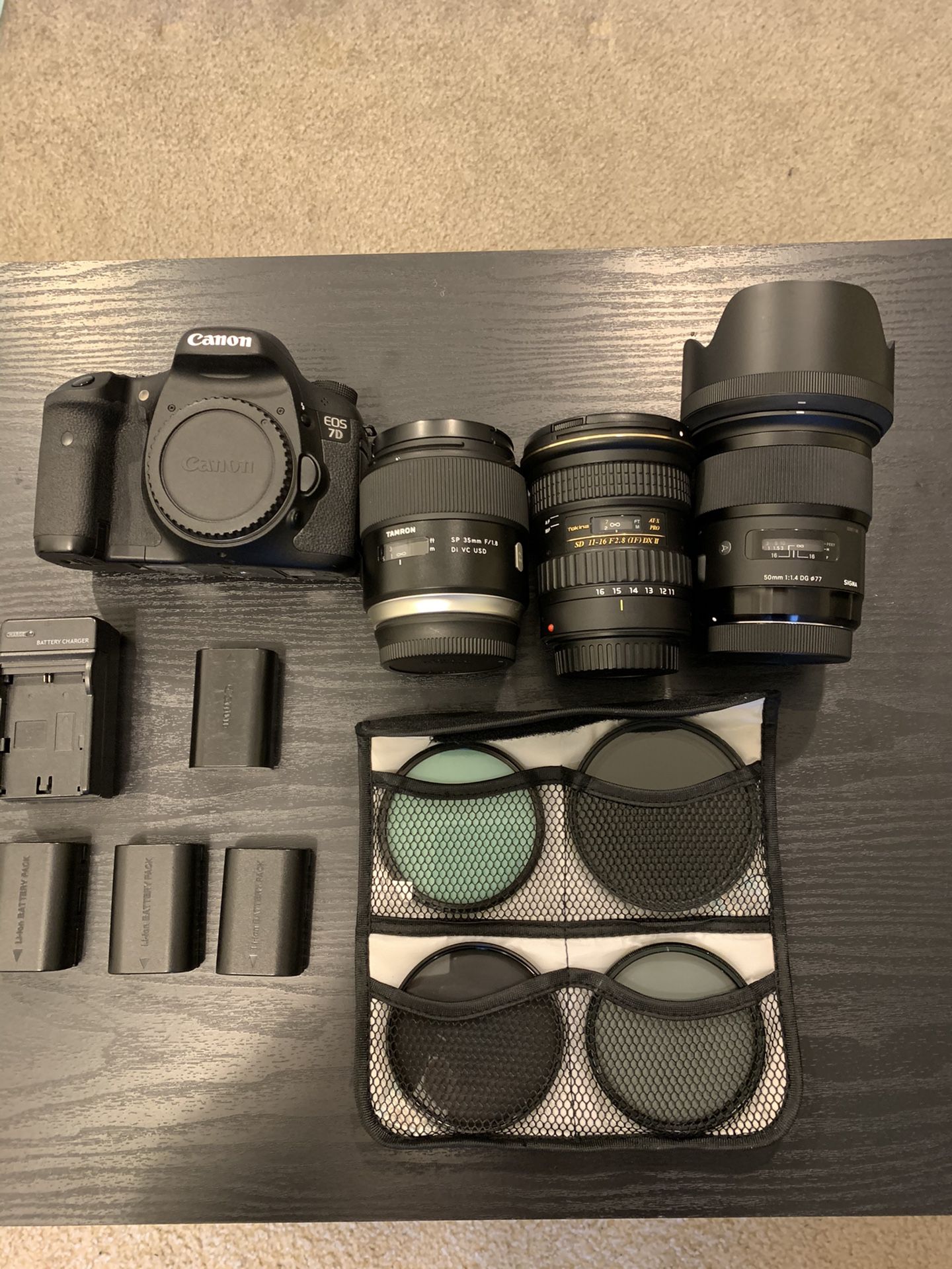 Canon EOS 7D MK I with 3 lenses including Sigma 50mm 1.4 and accessories, great beginner bundle