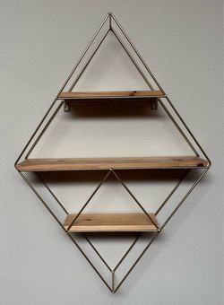 Geometric Diamond Wall Shelf 3 Tier Gold Frame & Natural Wood Floating Display Rack just $10