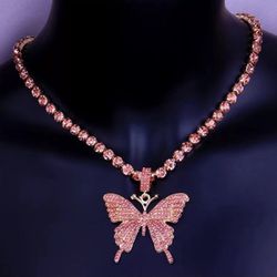 Pink Rhinestone Butterfly Necklace 