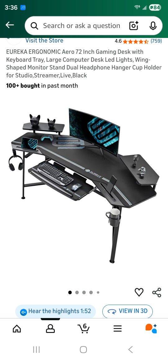 EUREKA ERGONOMIC Aero 72" Gaming Desk (LED, Keyboard Tray