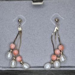 14K Solid Gold S-Link Fringe Dangle Earrings W/ Coral Beads & Freshwater Pearls