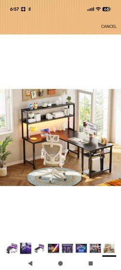 L-Shaped Desk with Hutch and LED Lights
