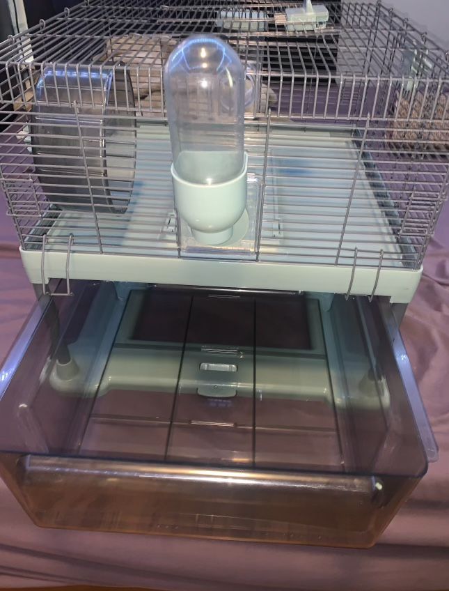 Hamster cage with toys, bedding, food