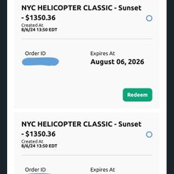 [SELLING] 2 FlyNYON Sunset Helicopter Ride Vouchers – $1,360 Value, Asking $830 OBO 🚁🗽